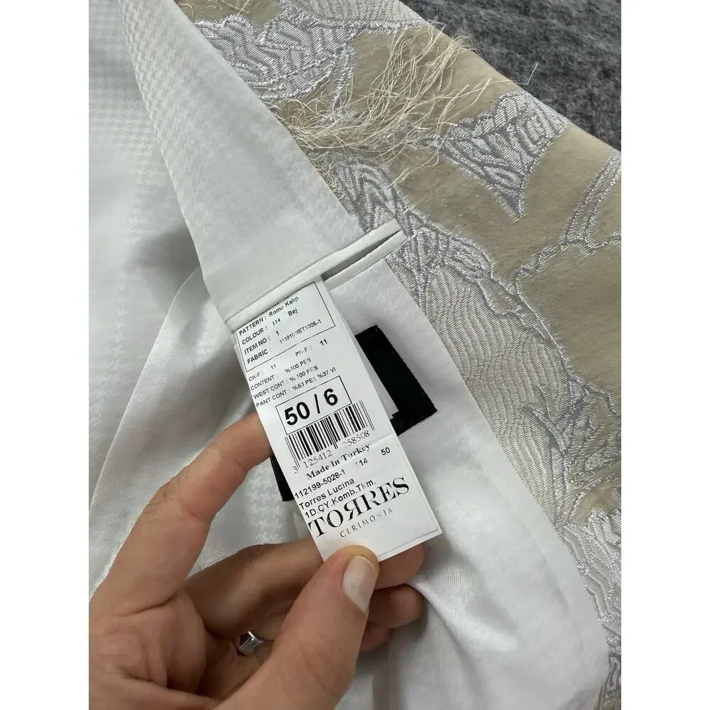 Torres Mens Tuxedo Suit 40 US 50 EU Beige Floral Borcade Tasseled 3pcs Set t12